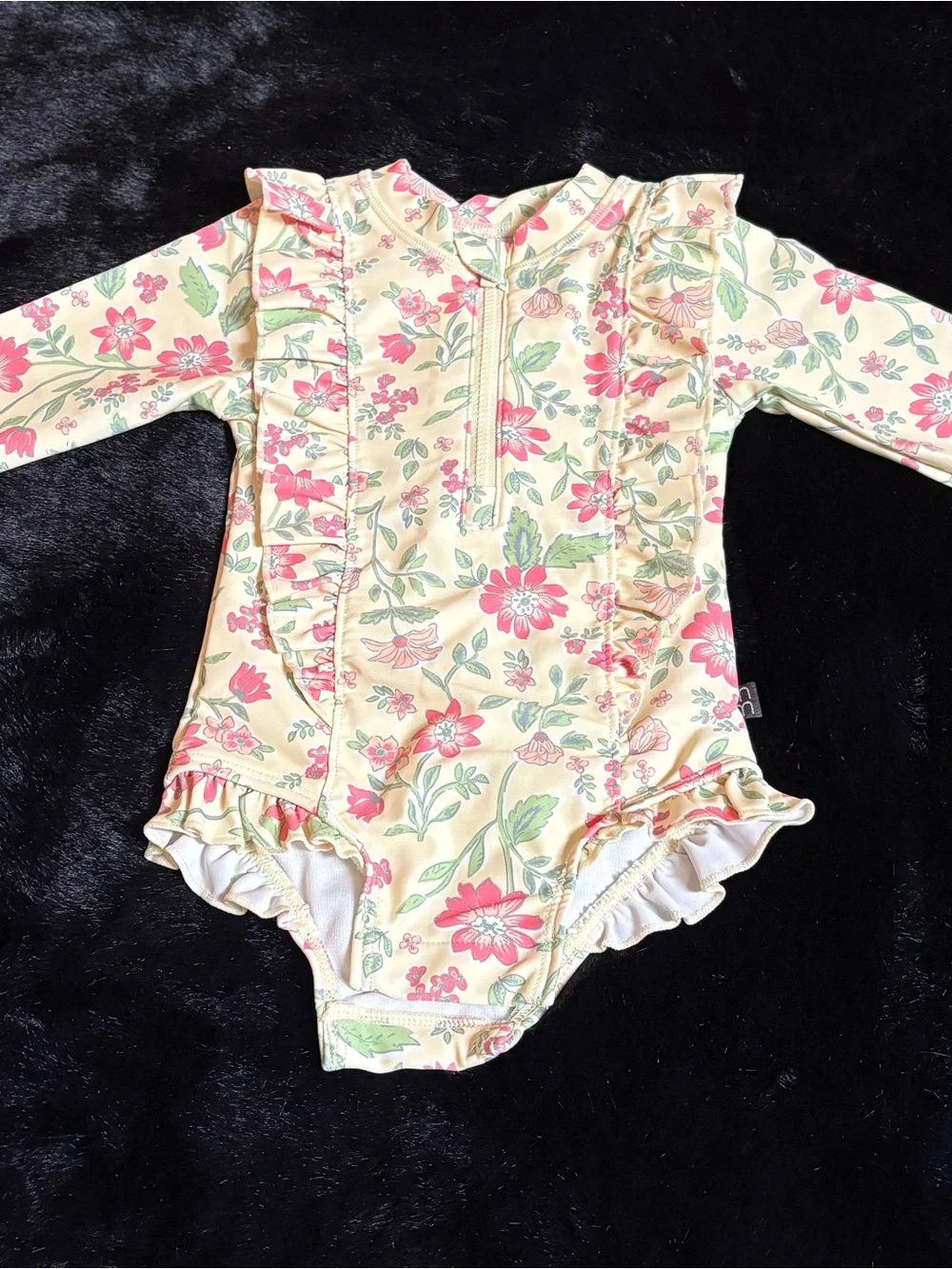 Girls' Long-Sleeve Floral One-Piece Swimsuit - Pink & Cream